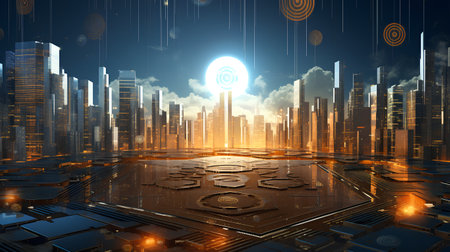 3D rendering of a futuristic city with high-rise buildings and a processor.の素材