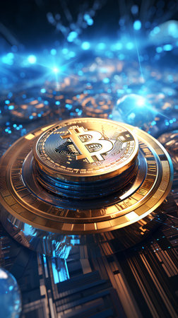 Bitcoin cryptocurrency on a blue background. 3d rendering. Virtual money conceptの素材