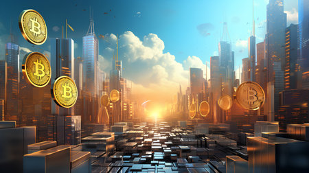 Golden bitcoins on city background. Cryptocurrency concept. 3D Renderingの素材