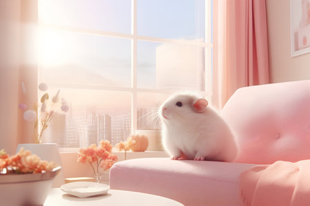 White cute hamster sitting on a pink armchair near the windowの素材