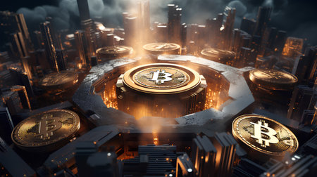 Futuristic city with cryptocurrency. 3d illustration. Conceptual imageの素材