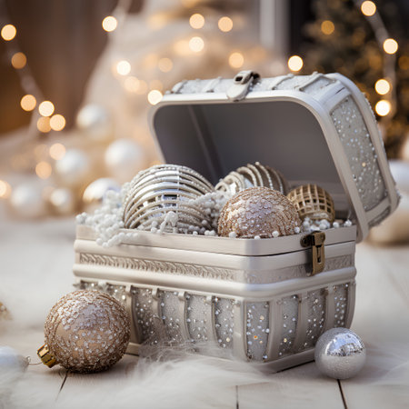 Silver box with Christmas decorations on a wooden background with bokehの素材
