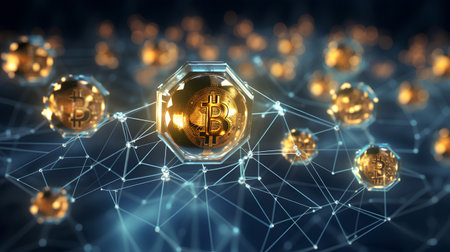 Golden bitcoin on a dark blue background. Cryptocurrency concept. 3D Renderingの素材