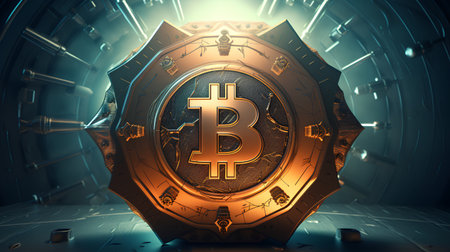 Golden shield with bitcoin sign on dark futuristic background. 3D renderingの素材