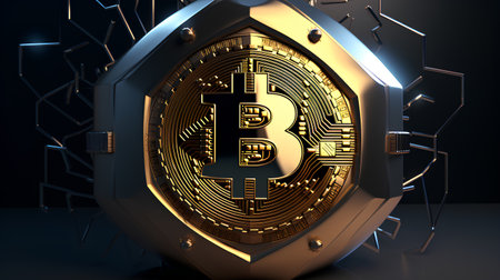Bitcoin cryptocurrency concept. Golden bitcoin coin on black background. 3d illustrationの素材