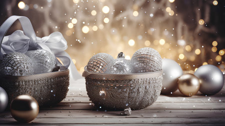 Basket with silver Christmas ornaments and bokeh lightsの素材