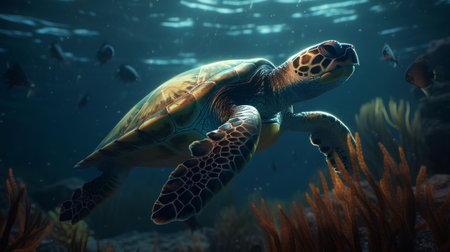 Green sea turtle in the ocean. 3D render. Underwater world.の素材