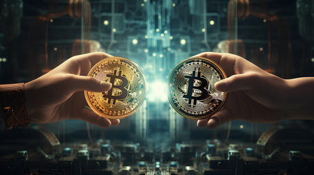 Two hands holding golden and silver bitcoins on abstract background. Cryptocurrency conceptの素材