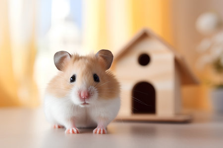 Hamster on the background of a wooden house and a flower.の素材