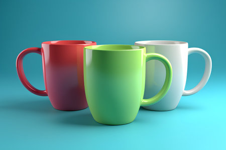 Colorful mugs isolated on blue background. 3D rendering.の素材
