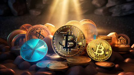 Bitcoin. Crypto currency. Golden and silver bitcoins on a stone background. 3D illustrationの素材