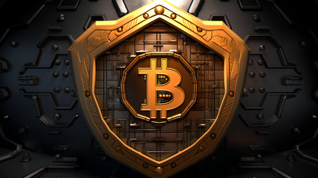 Golden shield with bitcoin symbol on black background. 3D illustration.の素材