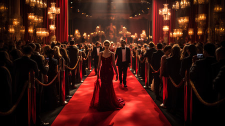 Rear view of a red carpet in the hall of a luxury hotel.の素材
