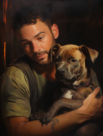 young man with his dog in a dark room. close-upの素材