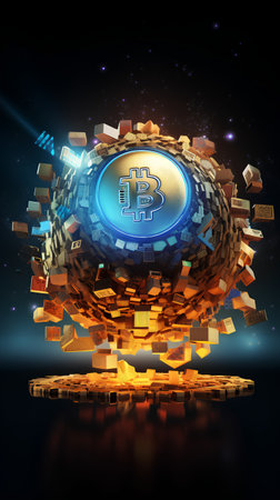 3d rendering of bitcoin symbol in front of a sphere made of cubesの素材