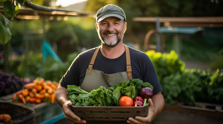 Portrait of a smiling farmer holding a crate full of fresh vegetablesの素材