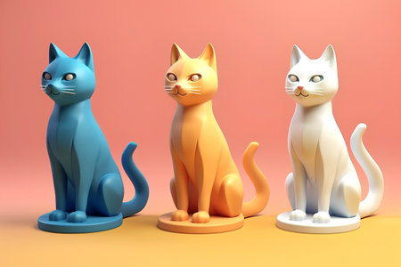 Three cats in different poses. 3D illustration. Cartoon style.の素材