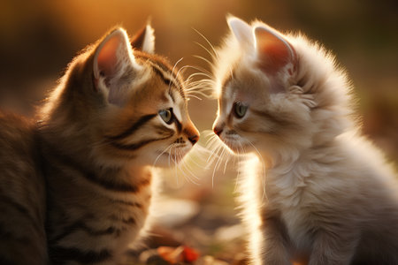 Two cute little kittens playing in the autumn park. Animal portrait.の素材