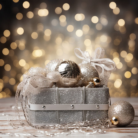 Christmas greeting card with gift box and baubles on bokeh backgroundの素材