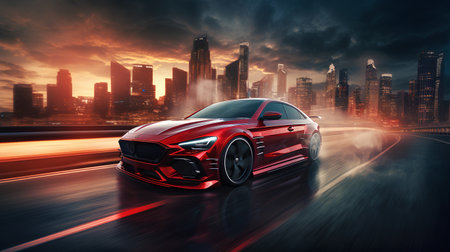 Sport car on the road with motion blur. 3d rendering.の素材
