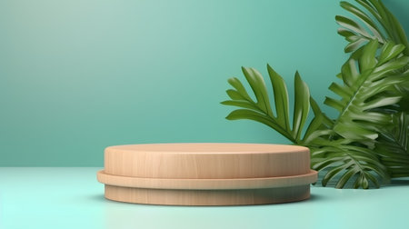 Wooden podium on green background with palm leaves. 3d renderの素材