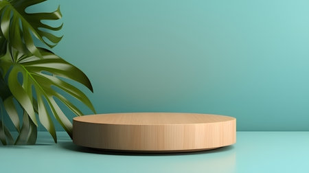 Wooden podium on green background with monstera leaf. 3d renderの素材