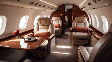 Interior of a luxury airplane with leather seats and table. 3d renderingの素材
