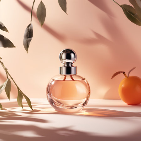 Perfume bottle and fresh orange on pastel background. 3d renderingの素材
