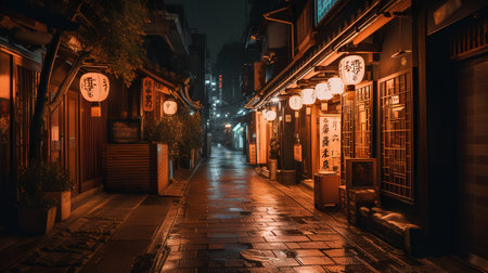 Narrow street in the old town of Kyoto at night, Japan.の素材