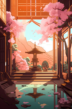 Japanese garden in japanese style. Beautiful landscape. Vector illustrationの素材