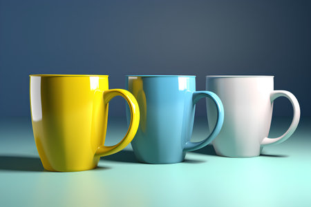 3d render of colorful coffee mugs on a blue background.の素材