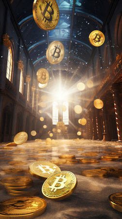 Golden bitcoins in the interior of the old church. 3D renderingの素材
