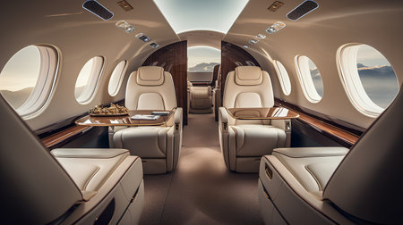 Interior of airplane with seats and window view. 3d renderingの素材