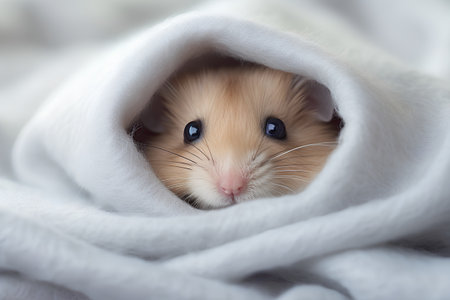 Cute little hamster peeking out of a white blanket.の素材
