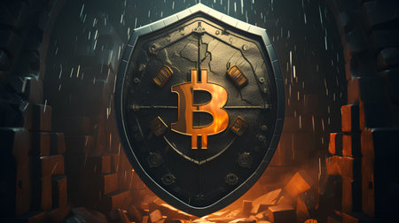 Bitcoin in the form of a shield against the background of a burning fire. 3d illustrationの素材