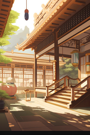 Traditional chinese architecture in the garden. Vector illustration in cartoon styleの素材