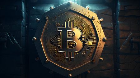 3D rendering of a shield with a bitcoin symbol on a dark backgroundの素材