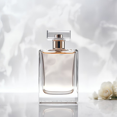 Perfume bottle on white marble background. 3d rendering.の素材