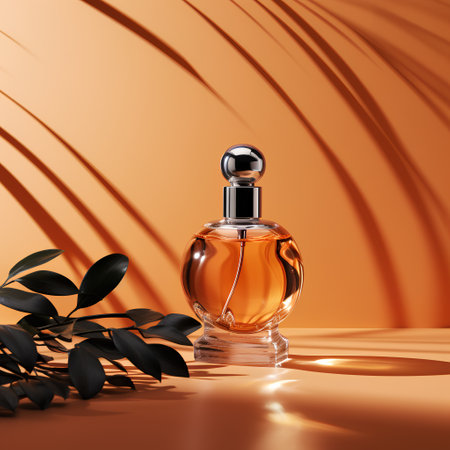 Perfume bottle on orange background. 3d render illustration.の素材