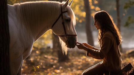 Beautiful young girl with a white horse in the autumn forest.の素材