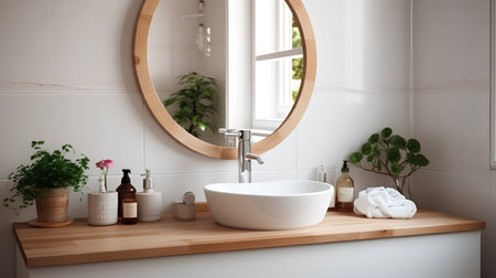 Bathroom interior with white bathtub and round mirror. 3d renderの素材