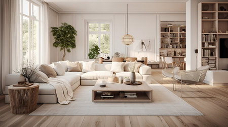Modern living room interior in scandinavian style. 3d renderの素材