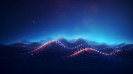 Futuristic background with blue waves and glowing stars. Vector illustration.の素材