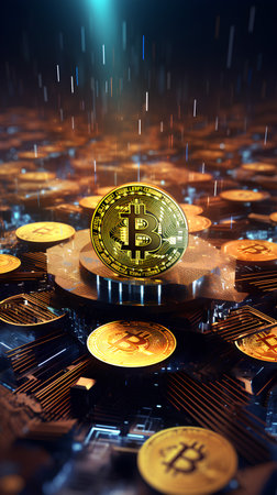 Golden bitcoin on the background of a lot of bitcoins. 3D renderingの素材