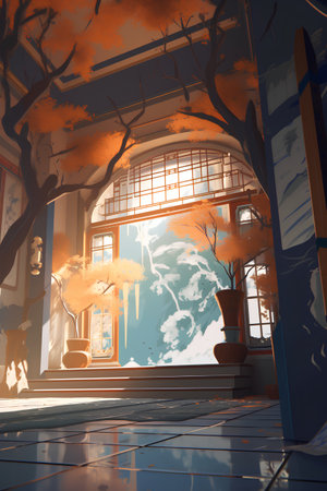 3D render of an empty hall with a view of the autumn forestの素材
