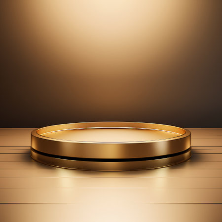 Golden round podium on wooden background. Vector illustration. Eps 10.の素材