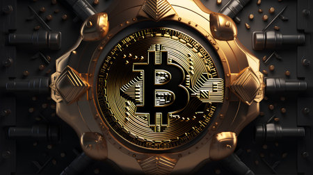 Bitcoin cryptocurrency coin on the background of the mechanism of the lock.の素材