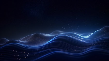 Abstract blue wavy background with stars and particles. Vector illustration.の素材