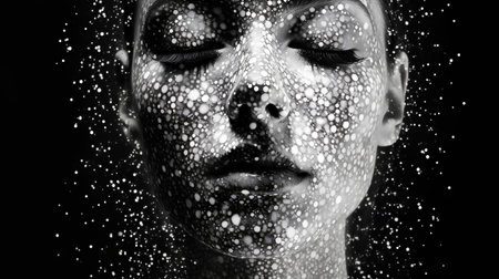 Black and white portrait of a beautiful girl with water drops on her faceの素材