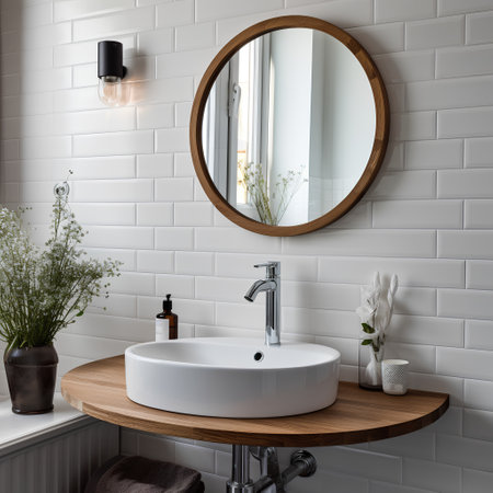 3d render of modern bathroom with white tile wall, round mirror and sinkの素材